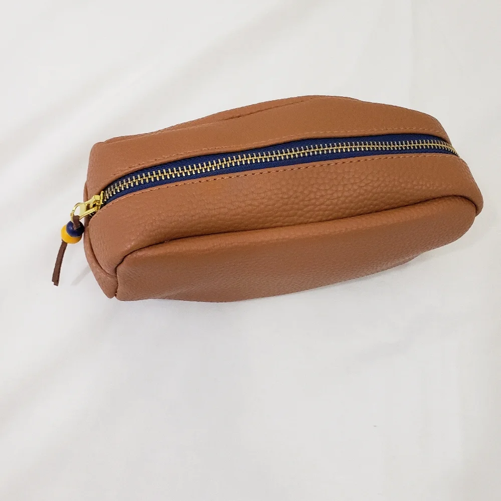 Faux Leather Tan Cognac Zippered Pouch Pencil Case Makeup Bag